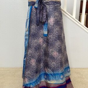 Reversible, dual-pattern Indian silk wrap skirt with purple swirls
